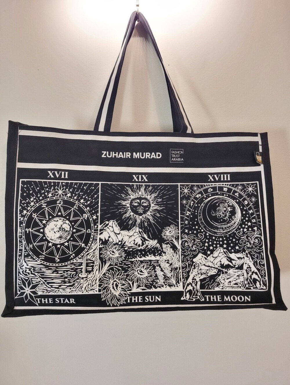 Zuhair Murad Luxury Designer Black and White Tarot Sun Moon Stars Print Tote